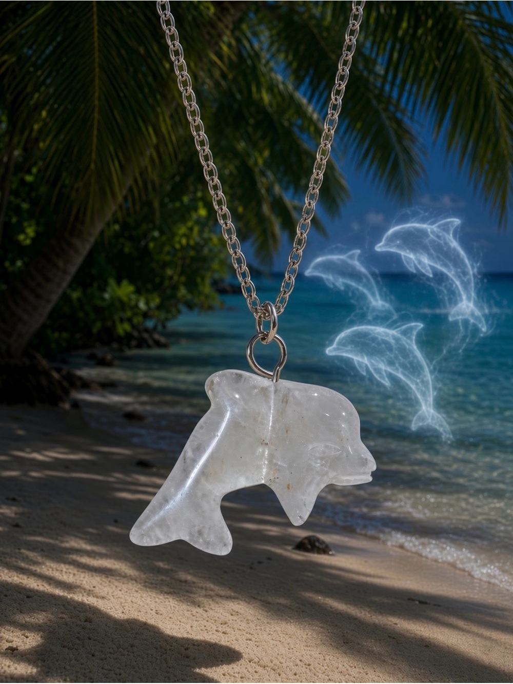 Clear Quartz Dolphin Hand-Carved Pendant Necklace Long